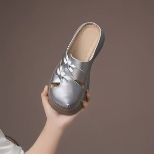 Free Shipping Silver Thick-Soled Slip-On Sandals For Women Summer Outdoor Wear 2026 New Style Hollowed-Out And Breathable