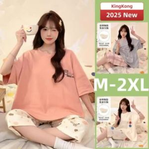 Padded Pajama For Women Cartoon Cute Short Sleeve 3/4 Length Summer Lady with Chest Pad Terno Sleepwear Woman Home wear