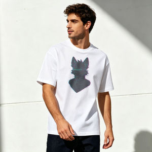 Punk Anthro Wolf Summer Men Cotton Crew Neck T-Shirts Neon Glitch Line Art Canine Graphic Futuristic Furry Daily Casual Tee