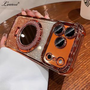 Glitter Mirror Ring Holder Gradient Case for iPhone 15 16 17 Pro Max Air 14 Plus 12 13 Plating Bracket Make Up Lens Film Cover