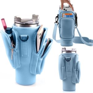 LUXURYLYN 3 Pockets Water Bottle Holder Pouch With Phone Pocket with Keychain Mountaineering Button Water Cup Bags Adjustable Strap Bottle Carrier Bag for Stanley 40oz Tumbler