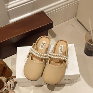 [FreeShipping] Womens Slippers 2026 Summer New Soft Sole Granny Shoes with Pearl Bow for Outdoor Wear Closed-Toe Sandals for Women