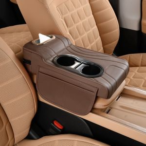 SUNNY BAR PU Leather Car Center Armrest Box Adjustable 2 Cup Holder Vehicle Armrest Cushion Durable Construction Non-slip Auto Armrest Cover Mat Auto Accessories