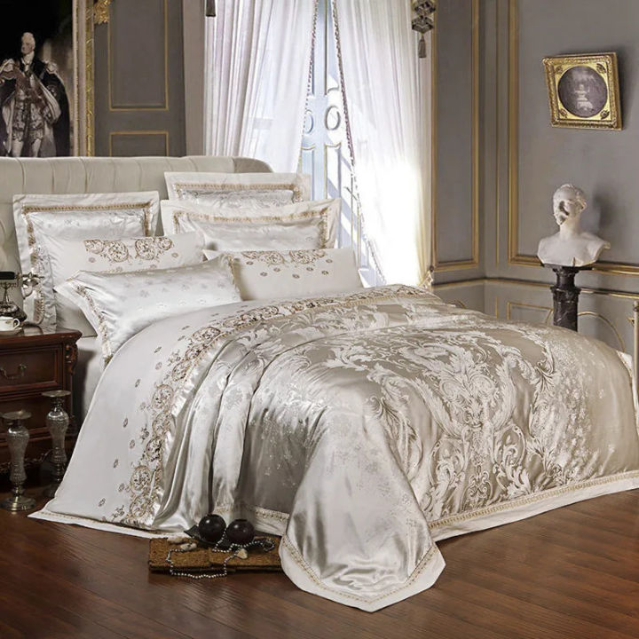 Sliver gold luxury silk satin jacquard duvet cover bedding set Queen ...