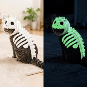 YUBAGUANB Glow in Dark Dinosaur Skeleton Cat Costume Soft Plush Hood Outfit Pet Dino Skull Hooded Costume Scary 3D Dinosaur Bone Dinosaur Bone Cat Headgear Halloween Party