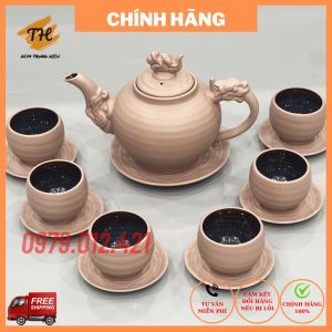 Bộ ấm chén Mộc Long Bát Tràng lòng chén men hoả biến cao cấp - dung tích ấm 550ml - gốm sứ Bát Tràng Trung Hiếu
