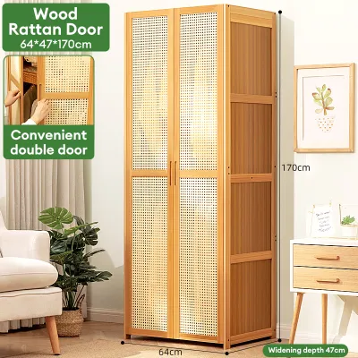 Bamboo Wardrobe Cabinet 2Doors 64/80cm Wood Mesh/Changhong Rattan Woven Assembled Cabinet Wardrobe For Clothes