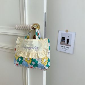 CUTE DIY Lace Floral Embroidery Canvas Bag Flower Printed Canvas Shoulder Bag Sweet Handbag Print Cloth Bag Women