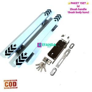 1set lock rumah body kunci dan 2buah handle gagang tarikan pintu rumah minimalis untuk pintu depan dan kamar model daun 1