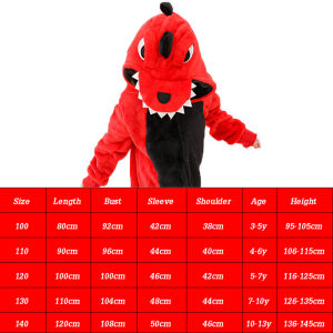 ชุดนอนไดโนเสาร์สีแดงสำหรับเด็กชาย/หญิงชุดใส่นอนรูปสัตว์ชุดนอนมีฮู้ดทำจากผ้าสักหลาดชุดใส่ในบ้านวันฮาโลวีนไม่มีรองเท้า