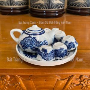Bộ Ấm Chén Thờ Bát Tràng Men Trắng Men Lam - Ấm Chén Cúng Mini 1 ấm 5 chén 1 đĩa