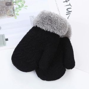 2Pcs Children Winter Fleece Lined Gloves Infant and Toddler Thickened Plush Warm Diagonal Striped Jacquard Solid Color Cuffed Mittens