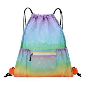 ถุงตาข่ายแบบหูรูดมีกระเป๋าซิปกระเป๋าสะพายแบบมีเชือกห้องยิมตัวจัดการกีฬากระเป๋าเก็บของสำหรับผู้ใหญ่และเด็ก