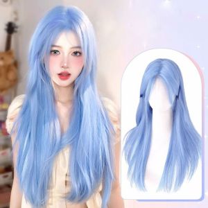 NBANLIKE Thanh lịch Tóc giả tổng hợp thẳng dài Phần giữa Thời trang Tóc giả cosplay Lolita Bảo vệ toàn bộ đầu Mềm mại Tóc giả màu xanh có mái dành cho phụ nữ