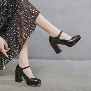 4 inches High Glossy Block Heels Korean Shallow Mouth Mary Jane Shoes For Women-Add One Size