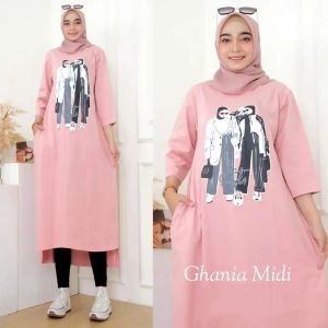 Midi Dress Terbaru 2024 Ghania Bahan Combed Apk Sablon Tunik Oversize Wanita Ootd Hijab Casual