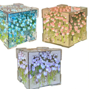 Tulips Mirror Lamp DIY 20 flowers Tulip Night Lamp Mini Tulip Night Light Cube Tulip Night Light Led Tulip Flower Night Lamp Creative DIY Tulip Mirror Rubiks Cube Lamp Simulation Flower Bedroom Table Lamp Handmade Tulip Mirror Night Lamp Birthday Gift