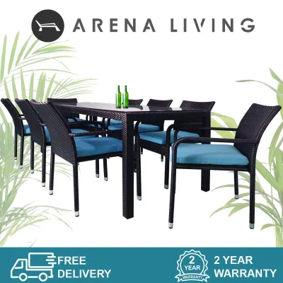 [Bulky] [SG SELLER] Geneva 8 Chair Dining Set Blue Cushion (2 Year Warranty) | Arena Living | Balcony Furniture | Outdoor | Garden | Patio | Living Room | Singapore | Water-Resistant | Ultra Durable | Luxury | Aluminium Inner Frame