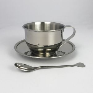 LIFE SHOPS Stainless Steel Coffee Cup Plate Set 170ml Mirror Drinkware Milk Mug Cappuccino with Plate and Spoon Tea Cup Set Office