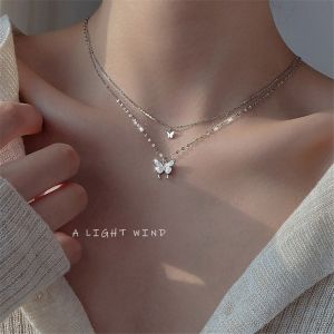 Titanium Steel Necklace Not Fade Double Layer Diamond Butterfly Necklace Women Chain Necklace Kalung Rantai Leher