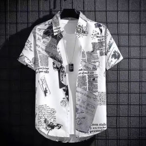 TAILOR  Shirts For Men Hawaiian Style Short Sleeve Shirt Newspaper Print Shirt Korean Summer Shirt