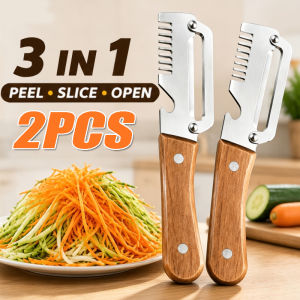 2Pcs Multi Functional Peeler with Bottle Opener - 3in1 Vegetable Peeler with Wooden Handle - Stainless Steel Fruit Paring Knife - Household Kitchen Food Cutting Tool