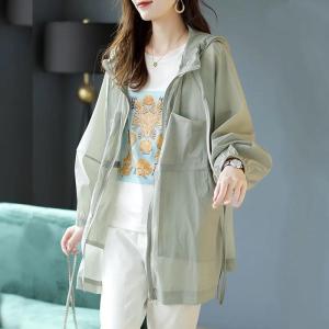 Womens Jacket Medium Length Hooded Sun Protection Jacket 2023 New Drawstring Waist Up Long Sleeved Thin Windbreaker UV Resistant Cardigan Outerwear