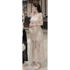 DX_Đầm Ren dài 2 dây buộc nơ hai lớp mặc đi tiệc sang trọng che bụng tôn dáng quyến rũ
