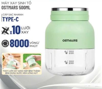 Máy Xay Sinh Tố Cầm Tay Mini Ostmars Sạc Tích Điện, Máy Xay Mini Cầm Tay Đa Năng Nhỏ Gọn Dung Tích 500ml