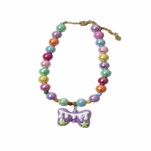 OUREAL Bow Pendant Rainbow Beaded Pet Necklace Adjustable Pet Jewelry Dog Cat Pet Collar Universal Colorful Elastic Cat Neck Chain Pet Costume Accessories