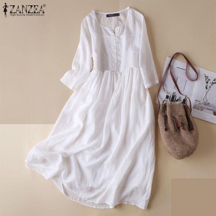 ZANZEA Womens V Neck Buttons 3/4 Sleeve Dress Casual Loose Shirt Dresses  Sundress #2 | Lazada