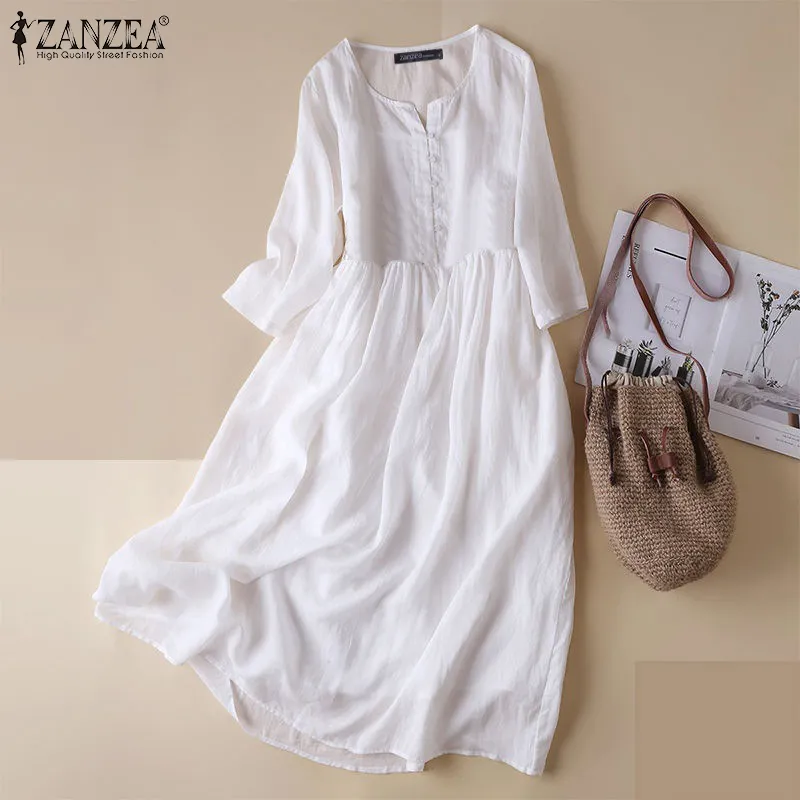 ZANZEA Womens V Neck Buttons 3/4 Sleeve Dress Casual Loose Shirt