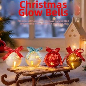 PYA94 Glowing Christmas Tree Bell Pendant with Woven Tape with Letters Xmas Hanging Pendant Festive Bow Knot Christmas Bell Ornament Christmas Tree