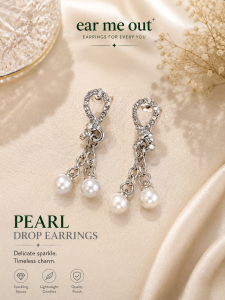 [SG{ Silver Crystal Pearl Tassel Earrings | Double Pearl Drop Earrings | Elegant Dangle Earrings | ear me out (EMO-68)
