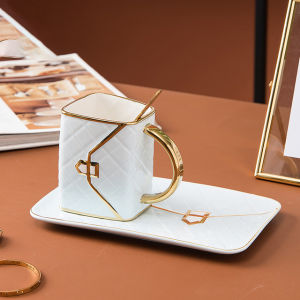 310ML Creative Bag Shaped Dessert Ceramic Plate Net Red Tracing Gold Coffee Cup and Plate Set Business Gift Mug