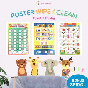 3 Poster Edukasi Anak Wipe n Clean Belajar Menulis Hijaiyah Alfabet Angka
