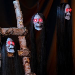 OKDEALS01 with Long Hair Halloween Hanging Ghost Skull Glowing Eyes Plastic Terror Skull Props Head Skeleton Props with Batteries Halloween Party