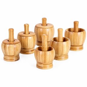 NAELIN Có nắp đậy Bát nghiền tỏi Đế dày Tre. Máy xay tỏi Bền bỉ Hình trụ Bát xay tỏi Nghiền tỏi trong bếp