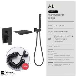 Black Waterfall Bathtub Faucet Copper Bathroom Shower Set Faucet Hot and Cold Wall Mounted Concealed Faucet Embedded Shower Faucet