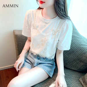 AMMIN Summer Short Sleeve Lace Embroidered Chiffon Shirt For Women 2023 New Fashion Temperament Chic Fake Two Sweet Short Embroidered Tops