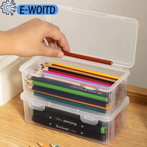 E-WOITD  1PC Storage Organizer Box Large Capacity Plastic Pencil Box Stackable Translucent Clear Pen Box Office Supplies
