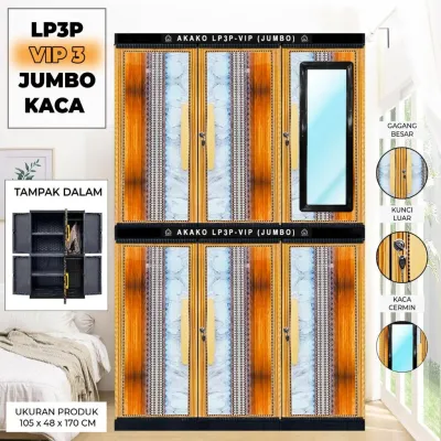 AKAKO ASLI - LEMARI PAKAIAN LEMARI PLASTIK 3 PINTU LEMARI JUMBO MOTIF VIP - Kode : LP3P-VIP