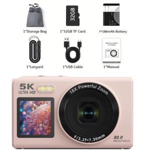 VETXI-13 Digital Camera 5K 80MP Dual Screens Camera with 18X Digital Zoom Compact Vlogging Camera for TeensStylish Beginner Camera for Youth and GIF 64GB Card & 2 Batteries Black
