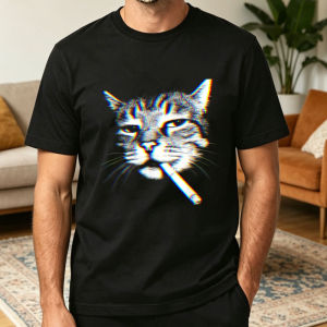 Trippy Glitch Smoking Cat T Shirt Men Women Vintage Tabby Cat Graphic Print Cotton Crew Neck Street Hip Hop Casual Top