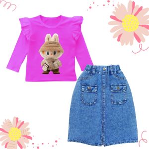 SETELAN ROK JEANS SAKU DEPAN & ATASAN RUFFLE ANAK PEREMPUAN