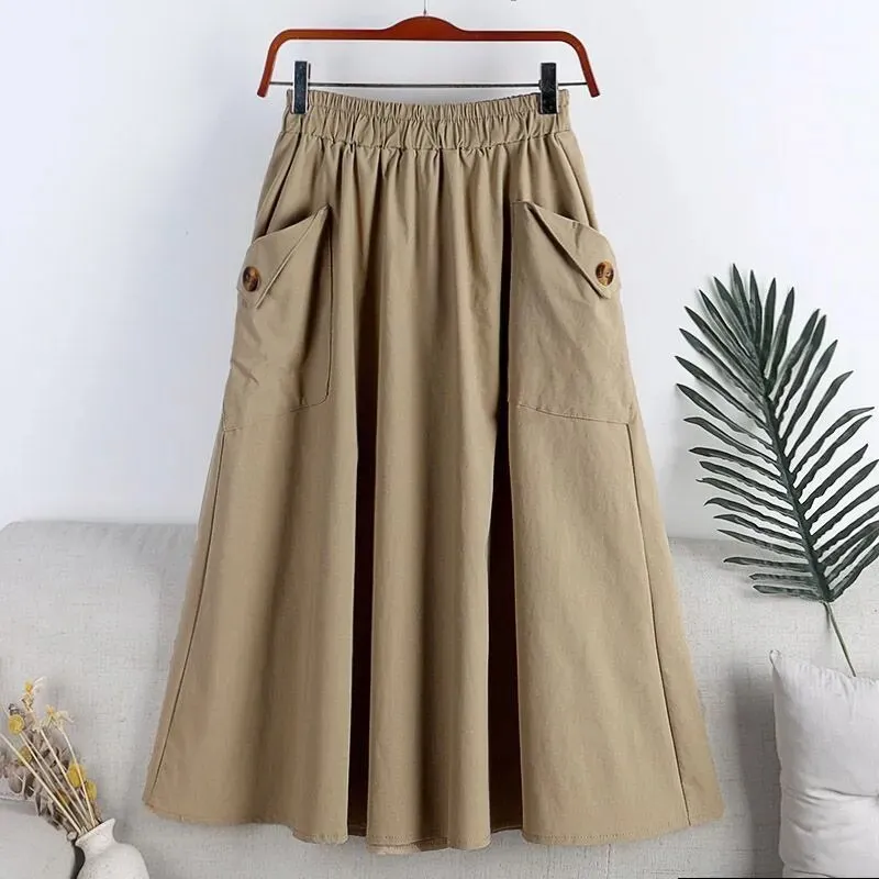 Women's A-line Skirts Pocket Button Summer Autumn Solid Ladies Clothing  Casual Large Elastic Waist Female Middle Length Skirt