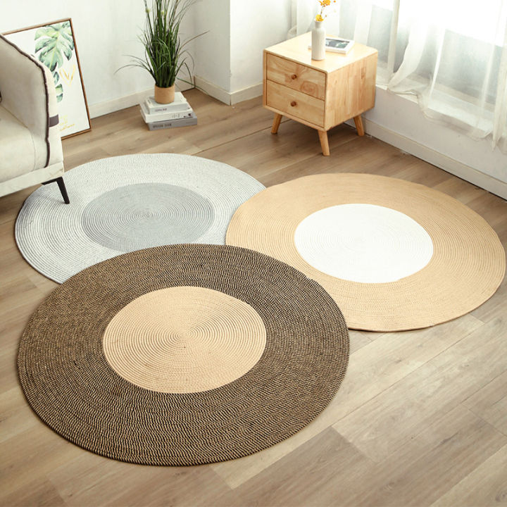 Round Rug White Line Jute Hand Braided Living Room Area Rug Carpet 100%  Carpet