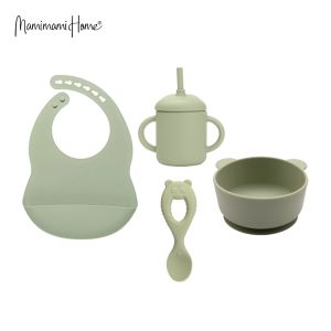 Mamimami Home Baby Meal Feeding 4pcs/set Silicone Suction BowlsStraw Sippy CupBibSpoon Toddler Self-feeding Tools