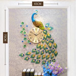 HOL Peacock Wall Clock Big Living Room 3D Metal Art Wall Clock Modern Office Home Decor