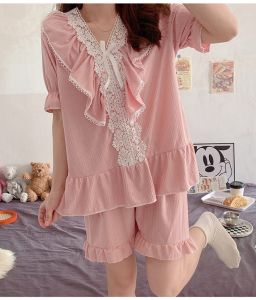 Bộ Ngủ Ngắn Tay Kẻ Sọc Cổ Viền Bèo Pha Ren Dễ Thương